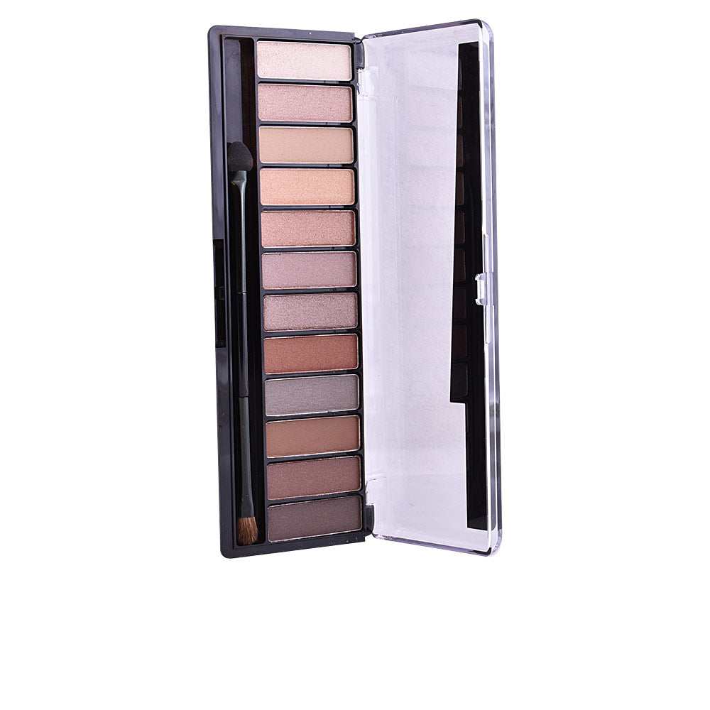Compact 12‑shade nude eyeshadow palette with dual applicator, matte and shimmer pans