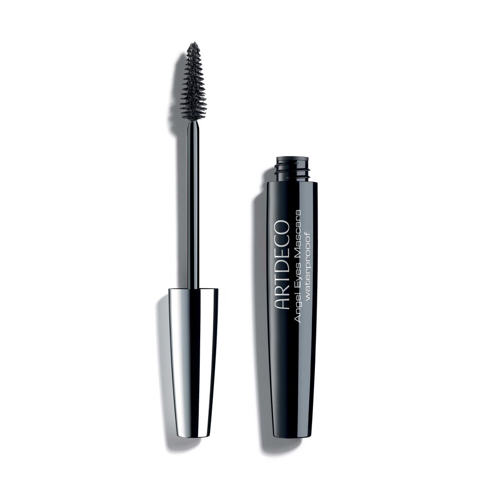 Black waterproof mascara with dual-tip brush, 10 ml tube, natural wax formula