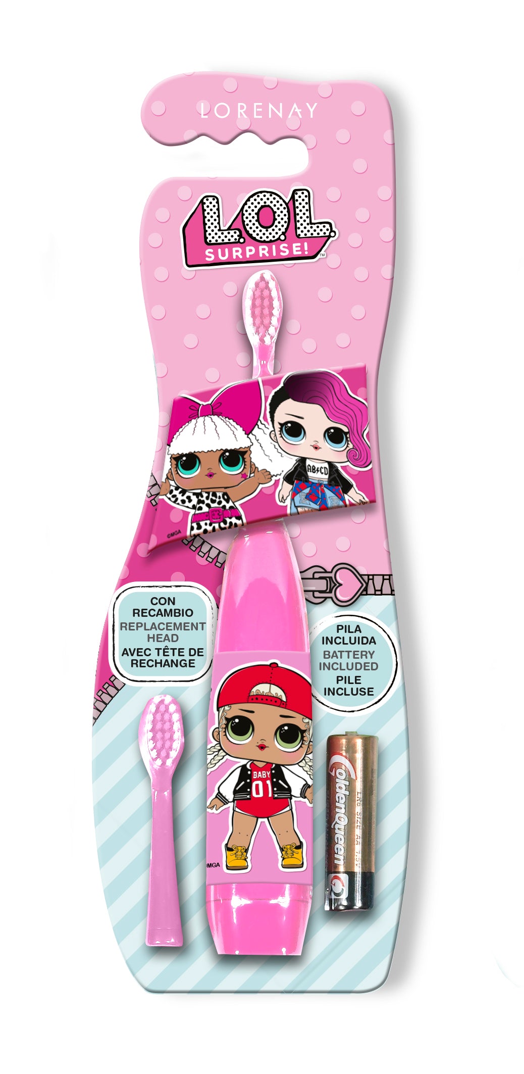 Pink children's electric toothbrush with character motif, spare head and battery included