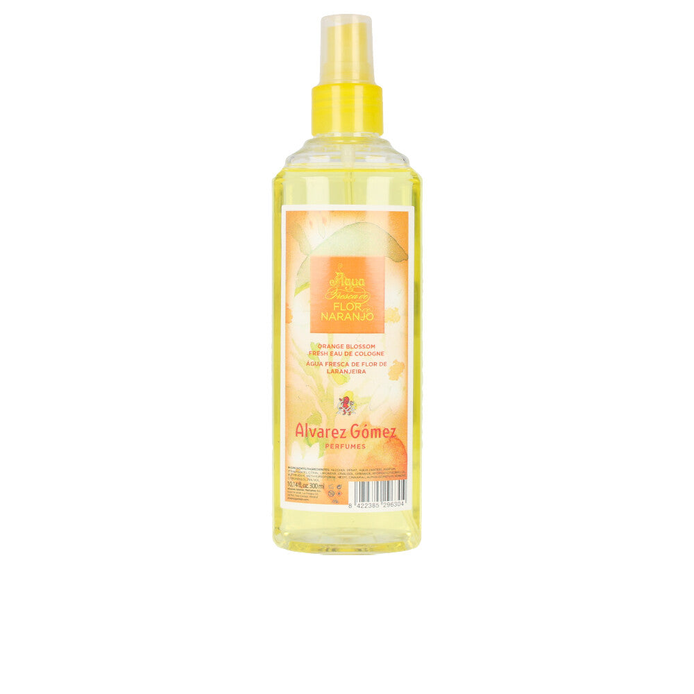 Alvarez Gomez rectangular transparent plastic 300 ml eau de cologne with yellow liquid and floral-label spray nozzle