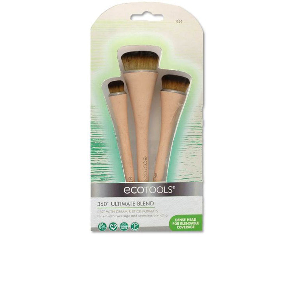 Three Ecotools flat-profile makeup brushes with bamboo handles in a set