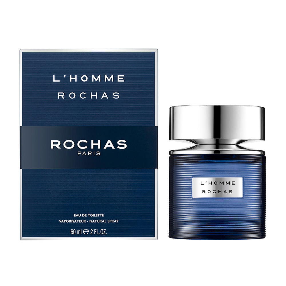 Ribbed deep‑blue 60 ml eau de toilette bottle with metal plaque