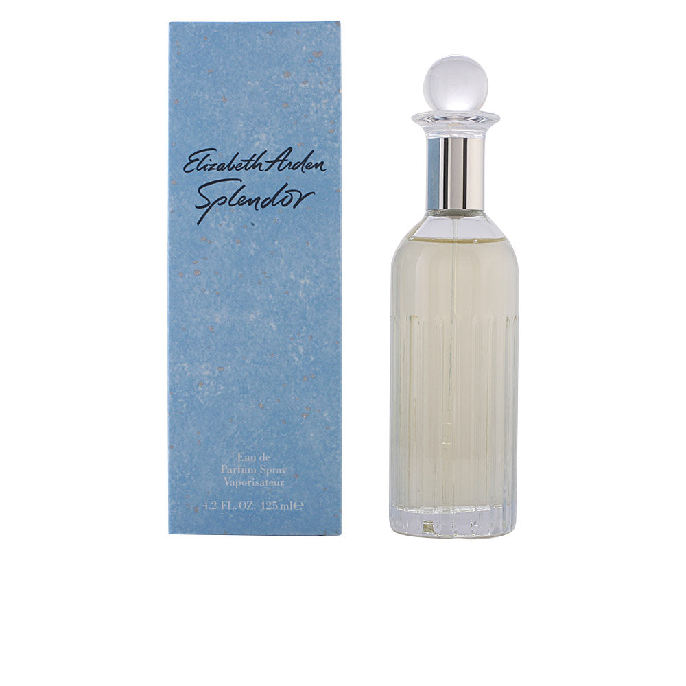 125 ml clear glass perfume bottle with golden liquid, floral‑fruity packaging