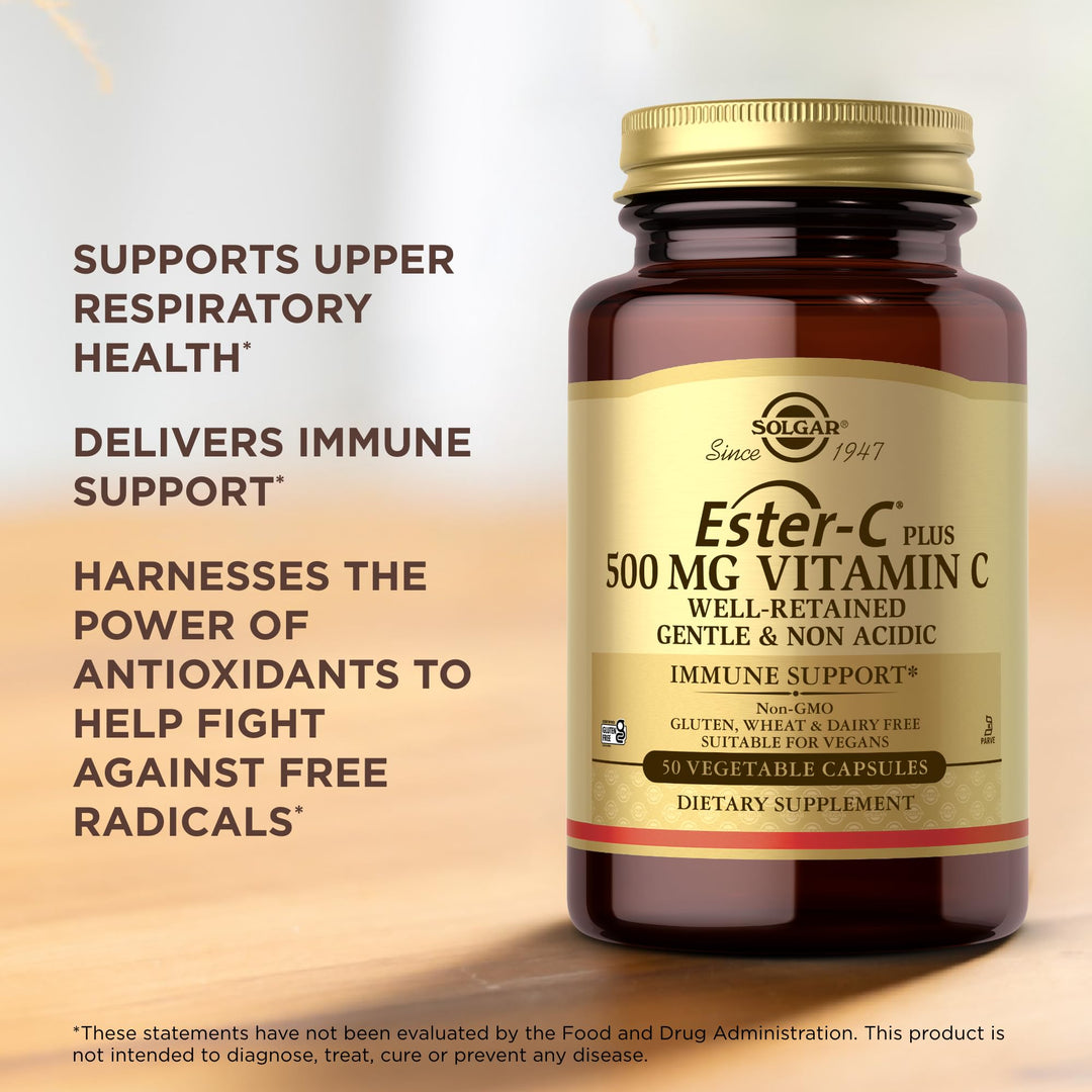 Brown supplement bottle labelled Ester‑C 500 mg, 50 tablets, Unisex vitamin C