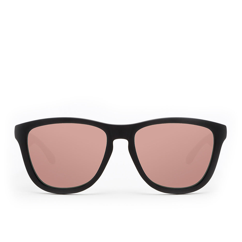 Carbon black rounded TR90 sunglasses with rose‑gold accents, Unisex, includes pouch