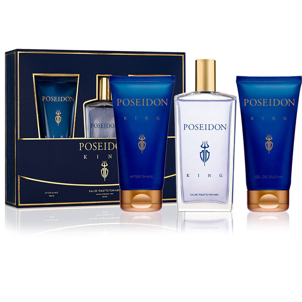 Clear glass rectangular bottle with gold cap beside blue plastic tubes and cardboard box, Poseidon