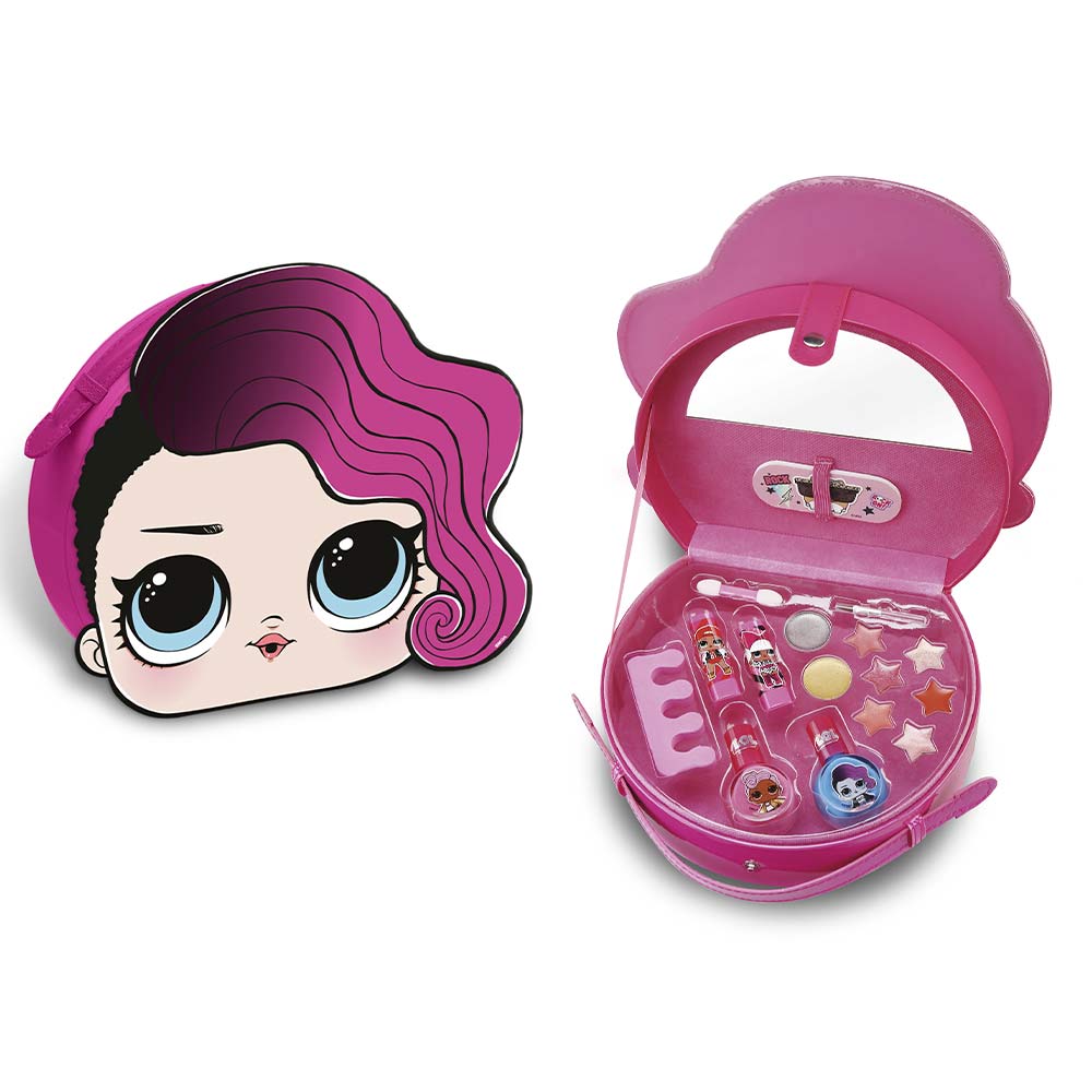 Compact 16-piece children's makeup kit in carry case with character graphics
