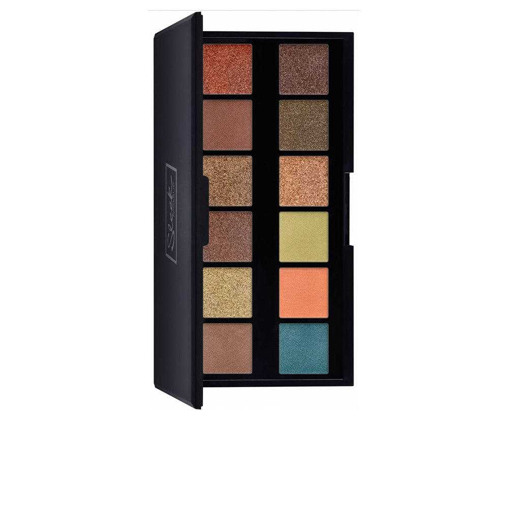 Open 12‑shade eyeshadow palette showing matte and shimmer pans, compact case