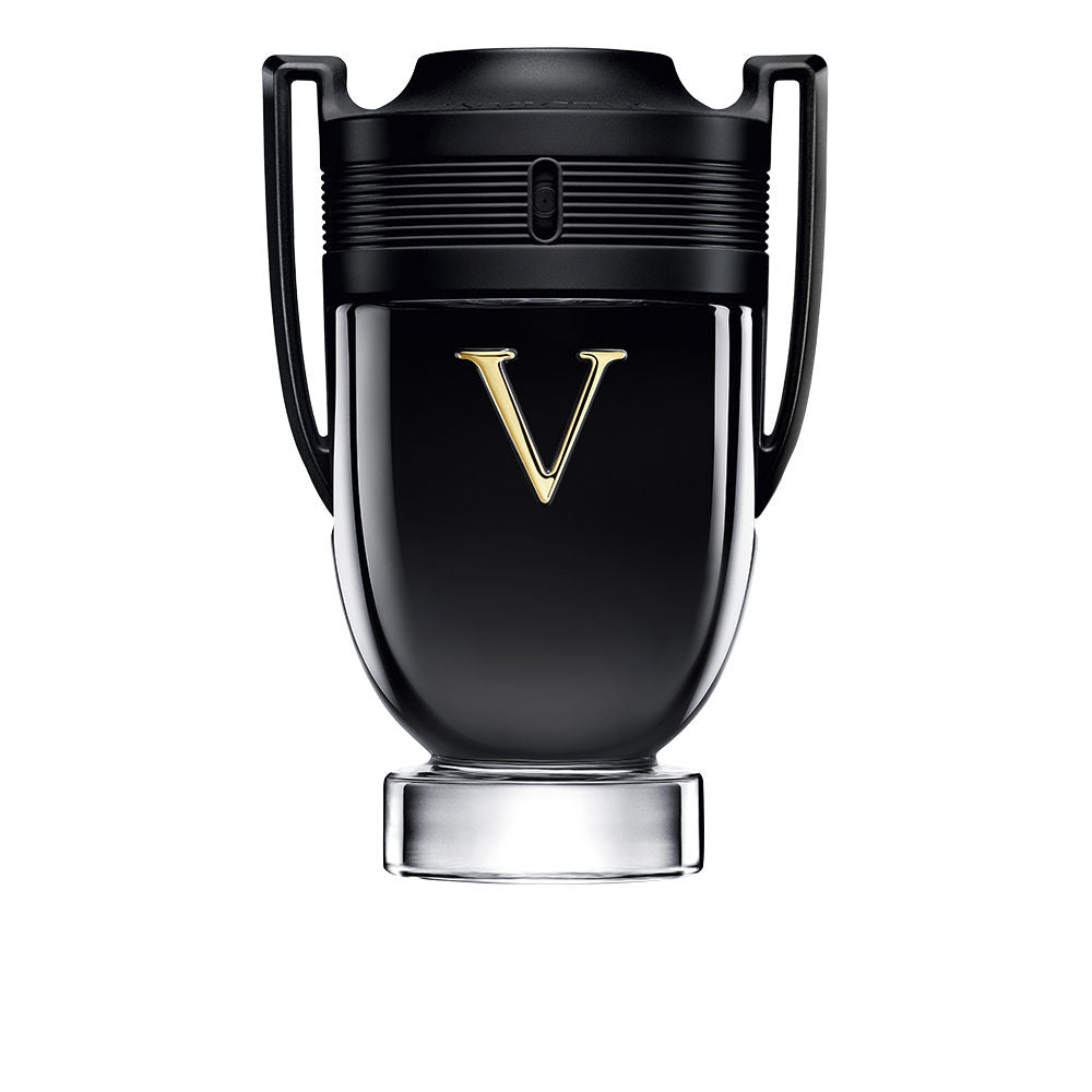 Glossy black 100 ml eau de parfum bottle with gold V and matte black cap
