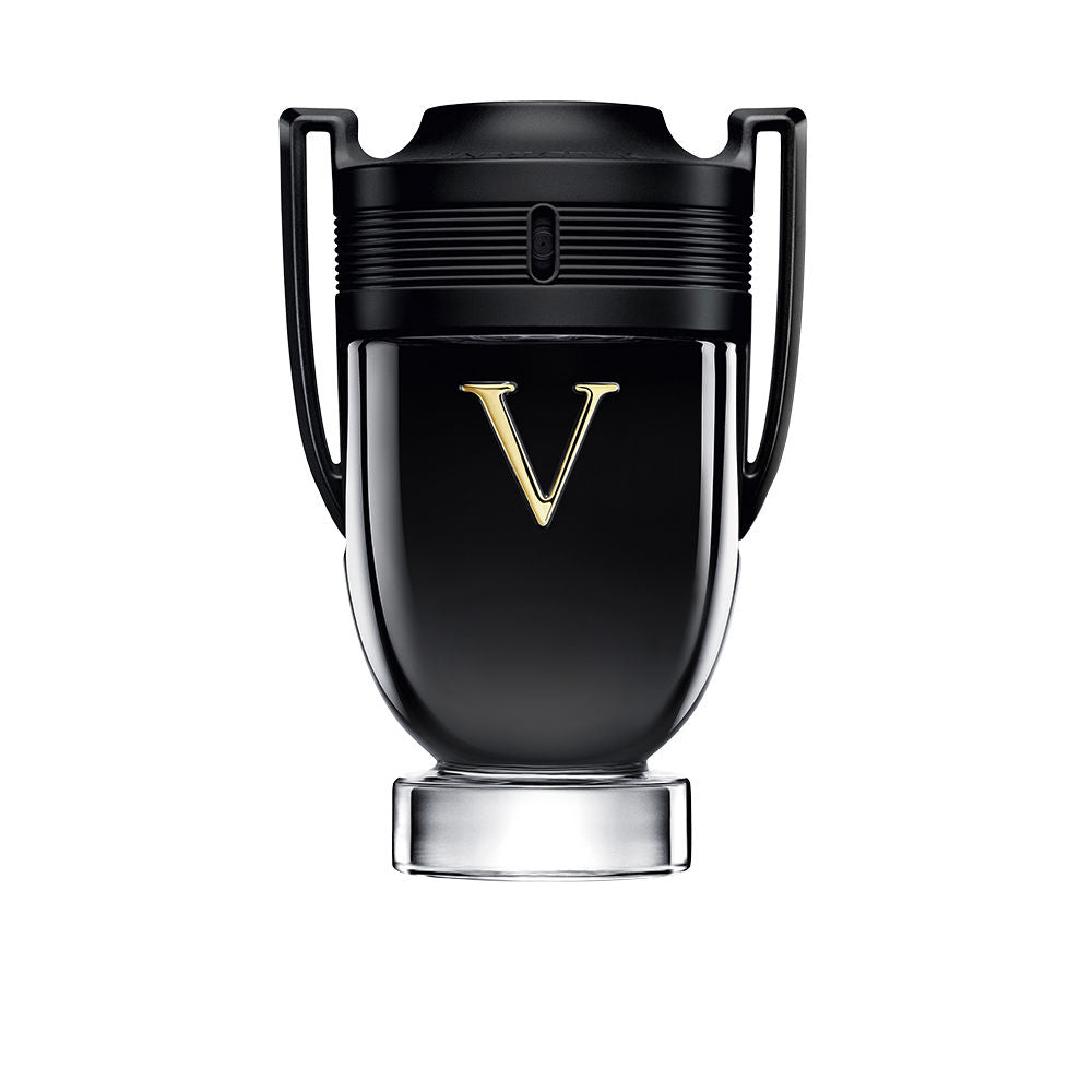 Glossy black 100 ml eau de parfum bottle with gold V and matte black cap