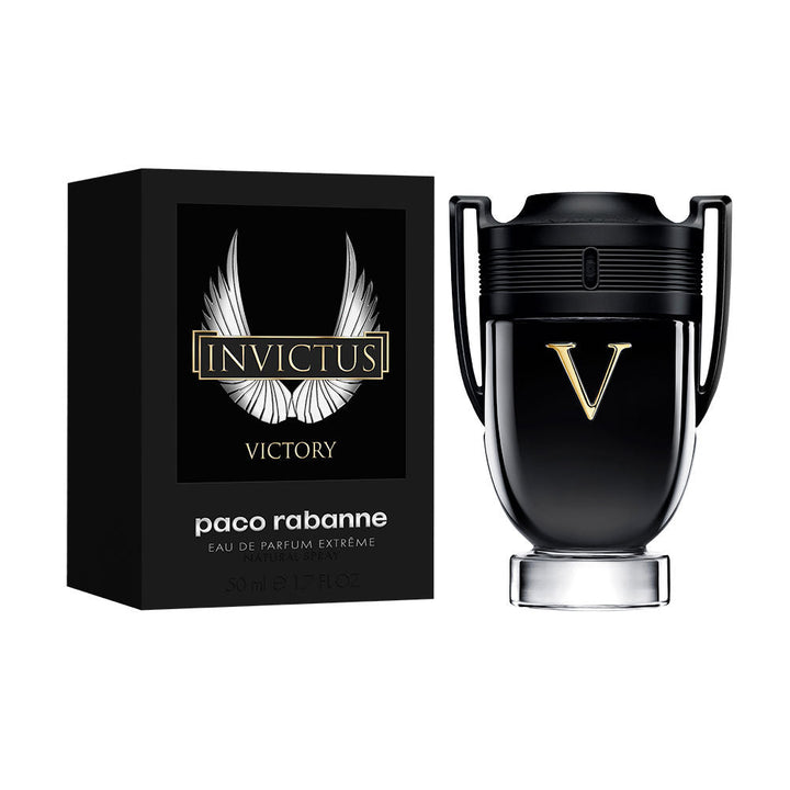 Glossy black 100 ml eau de parfum bottle with gold V and matte black cap