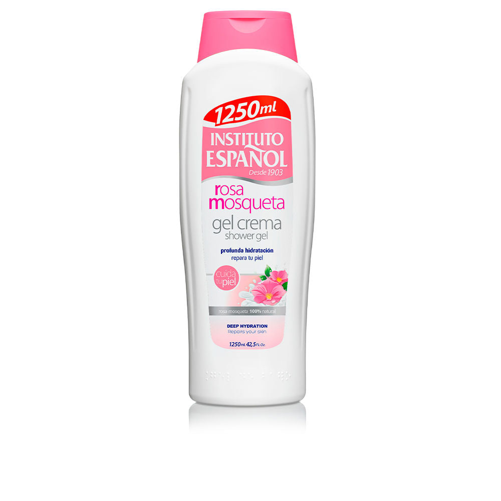 Large 1250 ml cream shower gel bottle featuring rosehip oil illustration