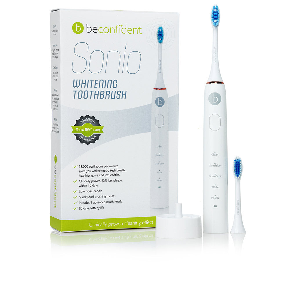 White and rose-gold sonic electric toothbrush with two interchangeable heads, charging base