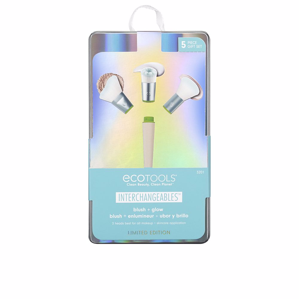 Ecotools interchangeable five-piece blush and glow brush set, iridescent blue-green handles, modern clean design
