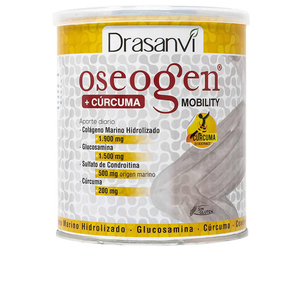 Drasanvi Cylindrical yellow, white, gray supplement container with printed label showing knee joint and ingredient amounts.