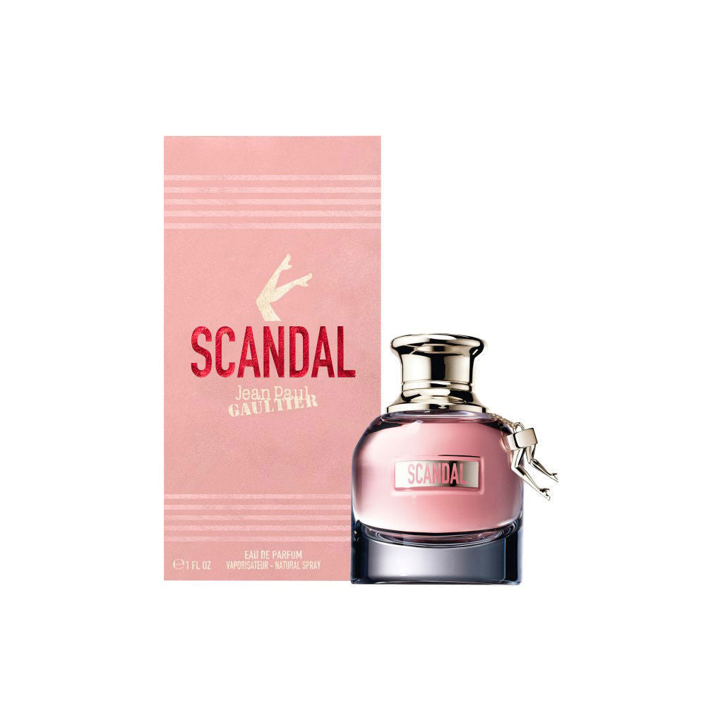 30 ml rosy glass perfume bottle with sculptural legs and pink cardboard sleeve