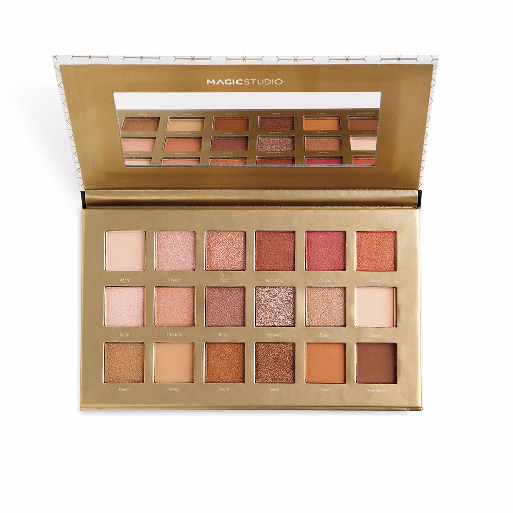 Compact 18-shade eyeshadow palette in nude and warm tones, satin and glitter finishes