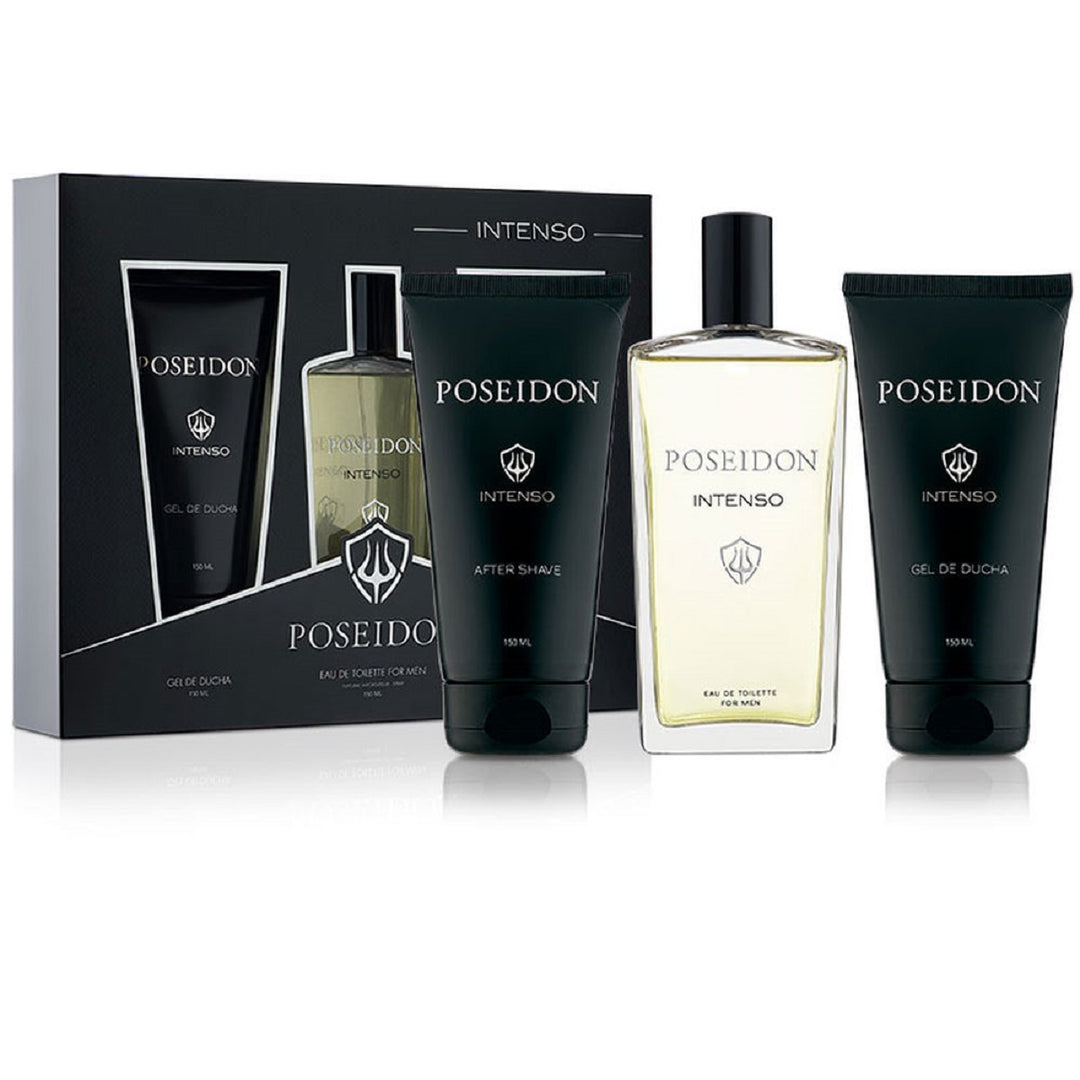Poseidon Intenso men's fragrance set with a bottle, after-shave, and shower gel on a white background.