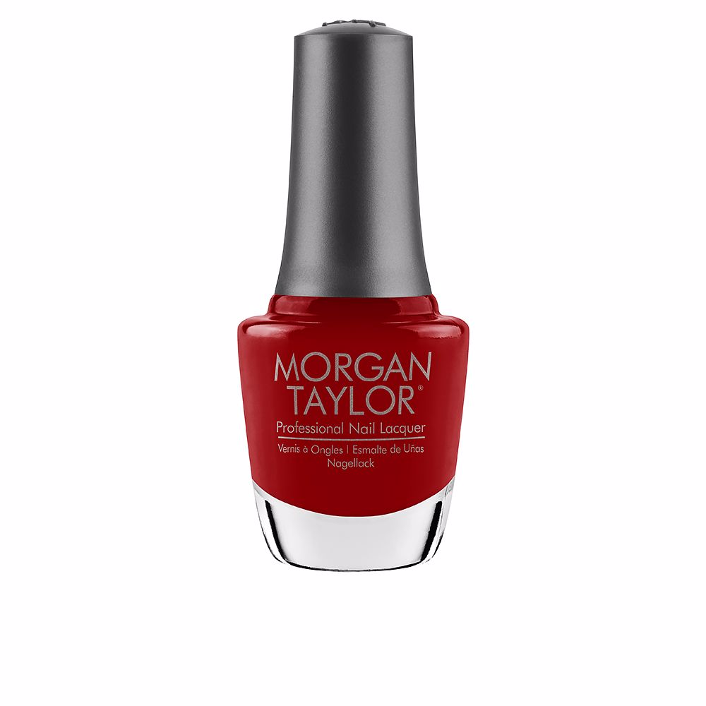 15 ml glass bottle of bold red nail lacquer with curved brush, glossy finish