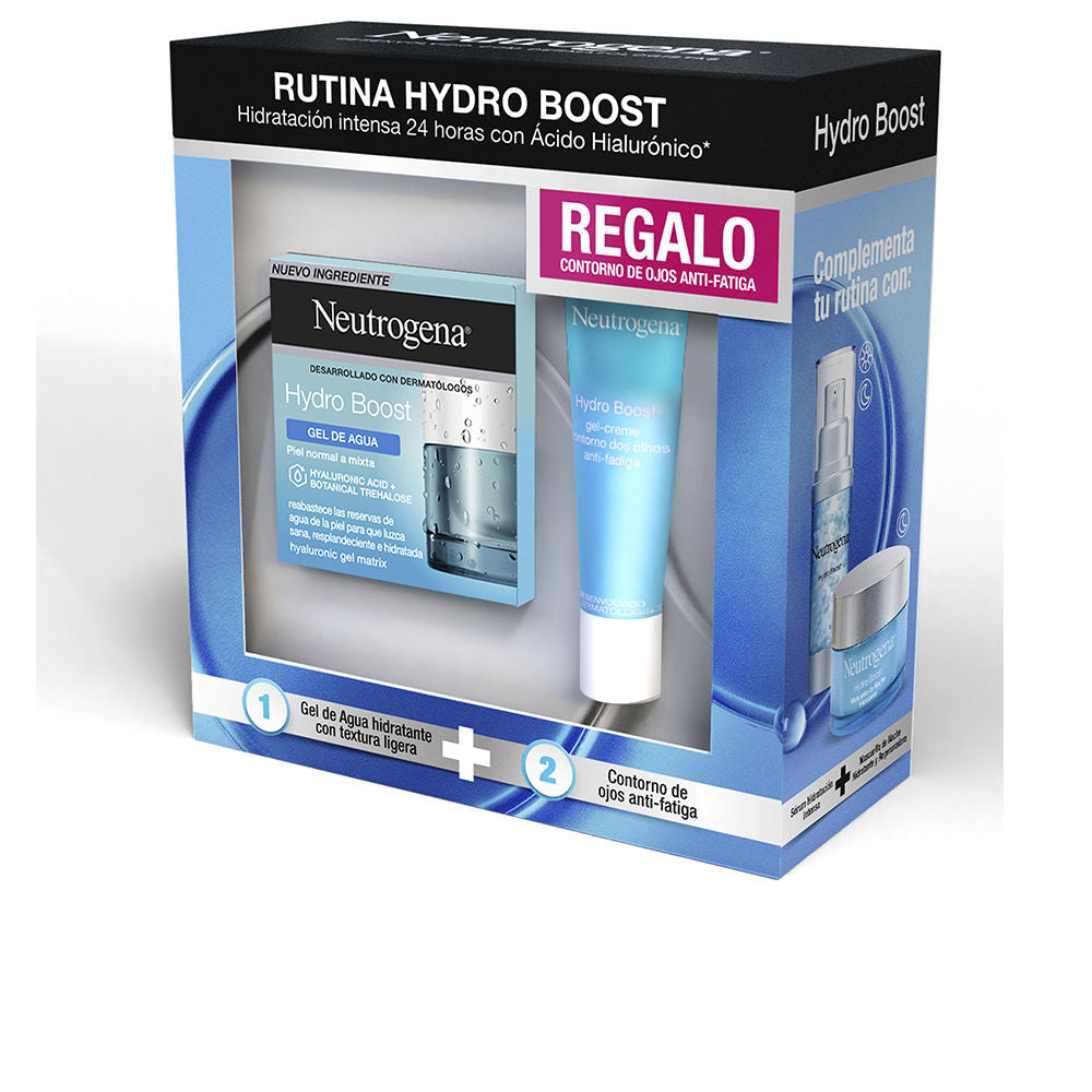 Neutrogena Black, blue, white, and pink boxed skincare set with two plastic containers visible through transparent window