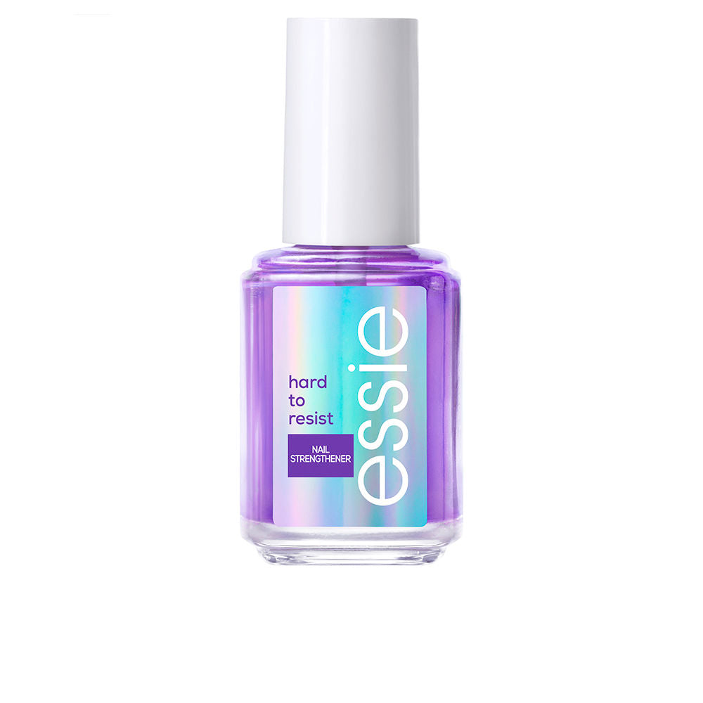 Essie Glass bottle purple nail strengthener with iridescent label and white cap, modern design