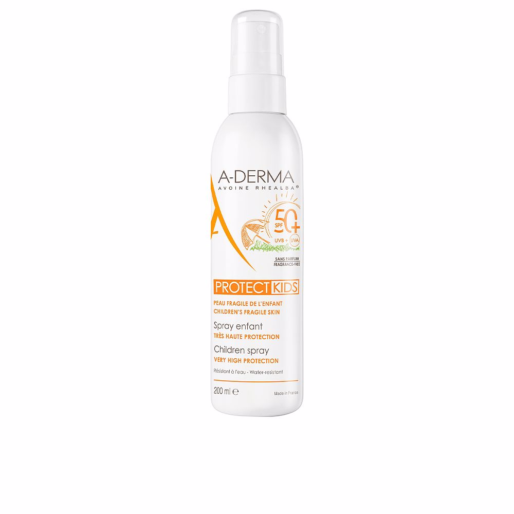A‑DERMA Protect Kids SPF 50+ spray bottle for children's sensitive skin, water‑resistant