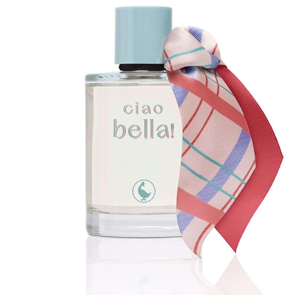 Cylindrical glass perfume bottle with turquoise cap and tricolour satin bow, 125 ml