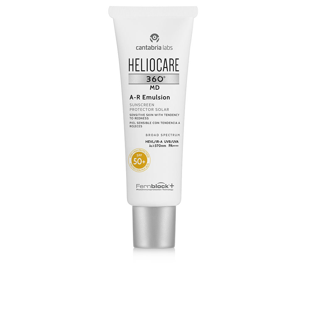 50 ml lightweight anti‑redness SPF50+ emulsion in a white pump bottle, face sunscreen