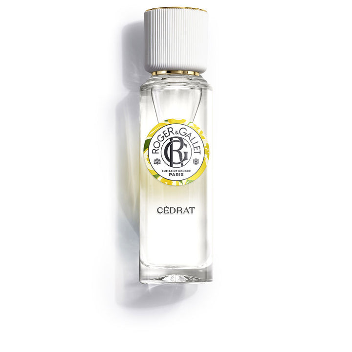 Glass perfume bottle, 30 ml, clear with pale yellow liquid, citrus and cedar notes