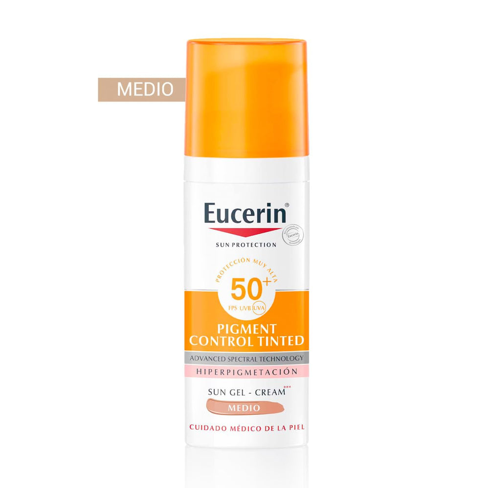 50 ml tinted SPF 50+ sun fluid in medium shade, lightweight non‑greasy texture
