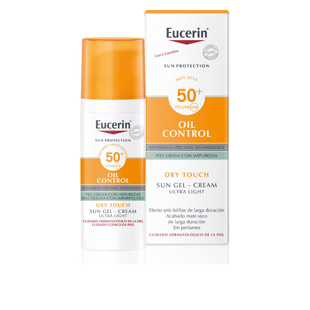 Eucerin White and orange plastic pump bottle with orange cap beside rectangular cardboard box, clean clinical text