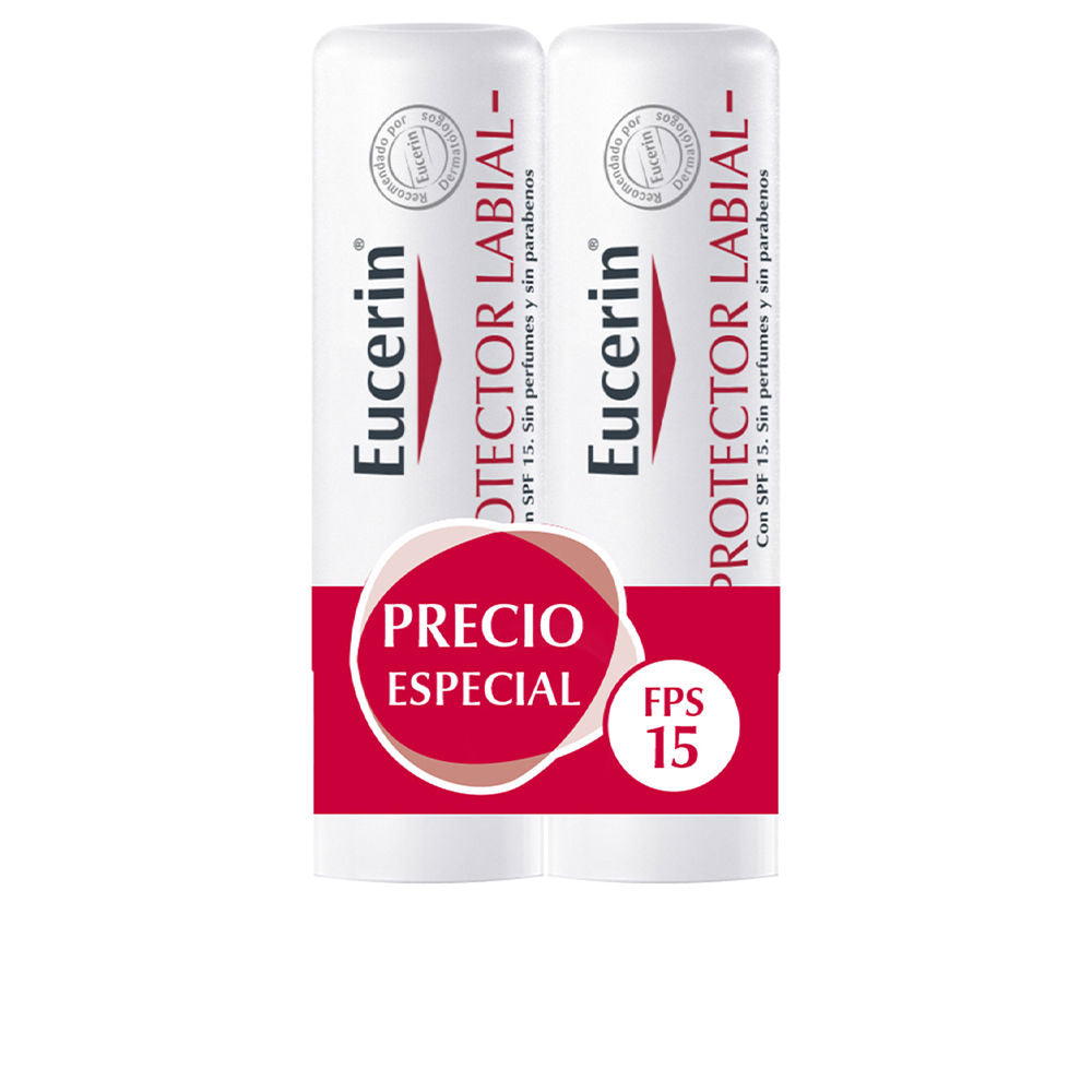 Eucerin Slim white plastic lip balm stick with red and white label, vertical brand name and SPF 15 indication