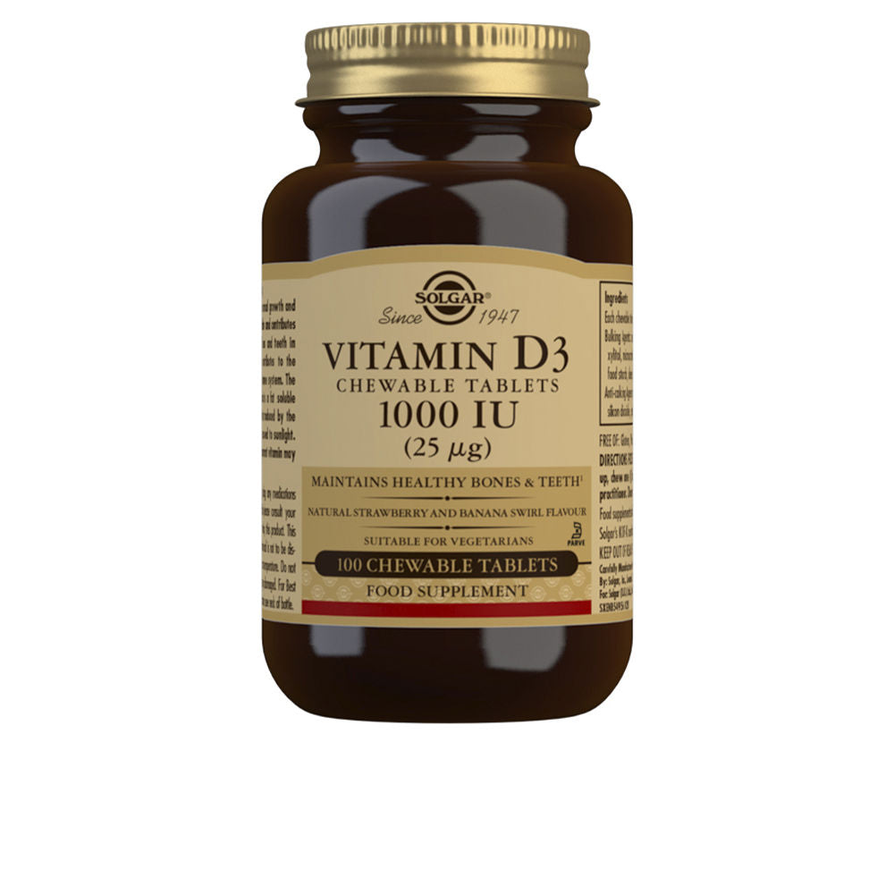 Bottle of 100 strawberry–banana chewable vitamin D3 tablets, 25 µg each, Unisex