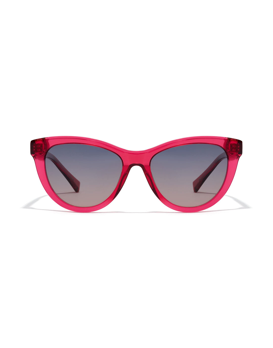 Unisex cat‑eye sunglasses in translucent cherry acetate with grey‑to‑pink gradient lenses