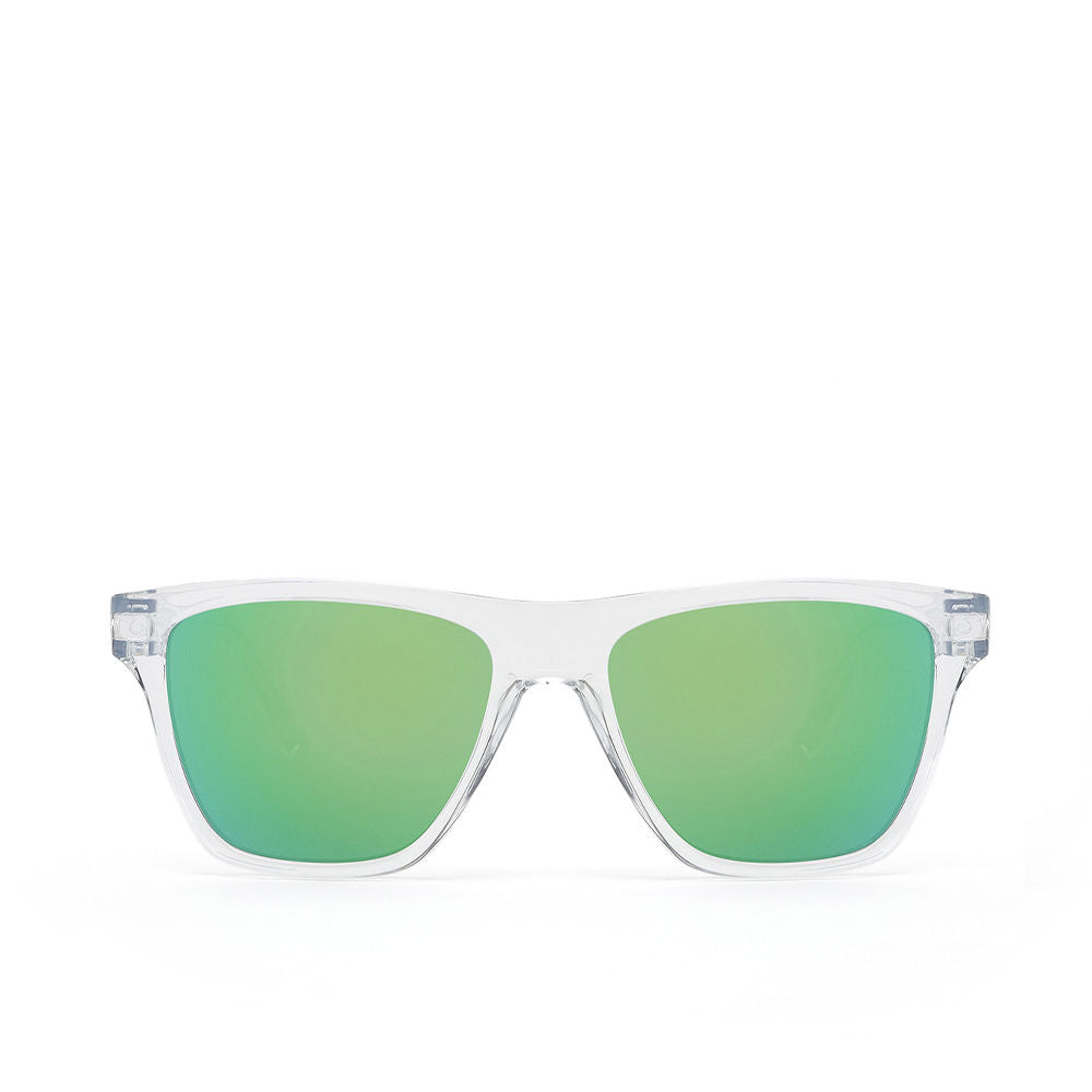 Transparent square sunglasses with mirrored green lenses, Unisex, included pouch and box