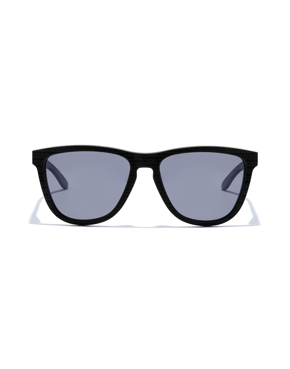 Unisex black square sunglasses with diagonal carbon-effect and blue chrome polarised lenses