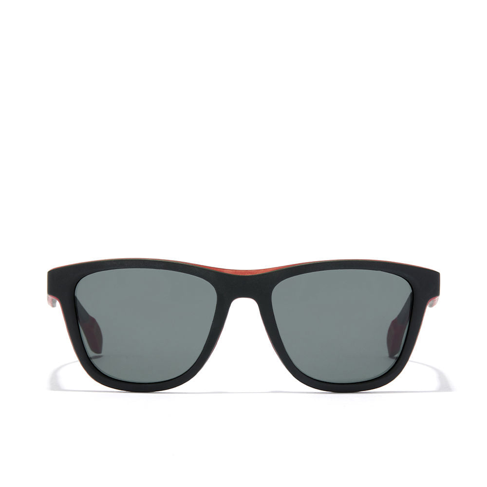 Matte black square sunglasses with red rubber details and polarised lenses, Unisex