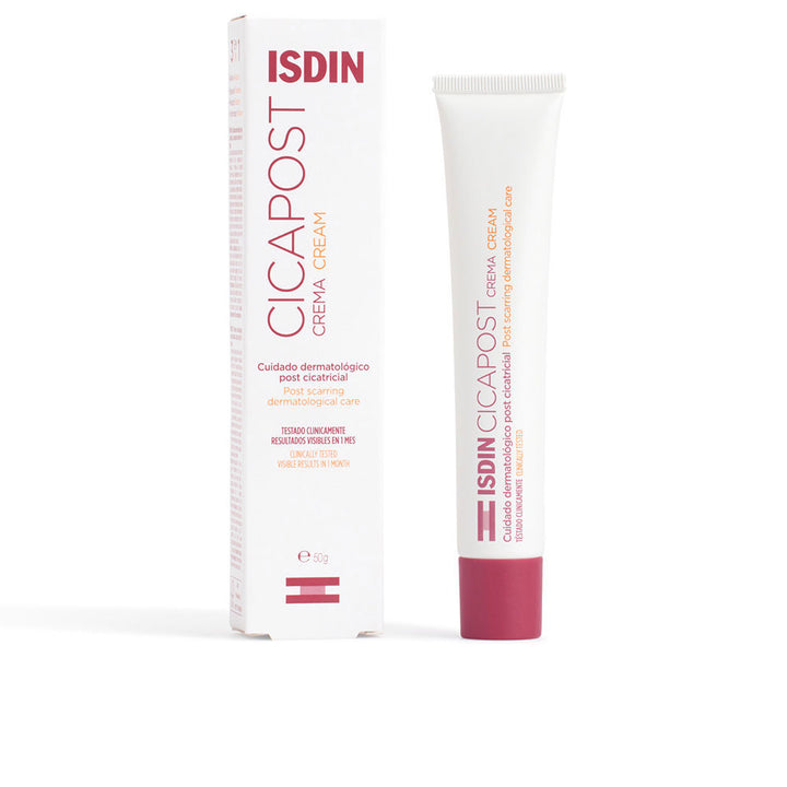 Isdin White cream tube and box with maroon cap, maroon and orange text, minimalist clinical plastic and cardboard