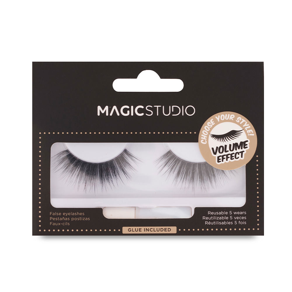 Single pair of black synthetic false lashes on white backing, extra volume