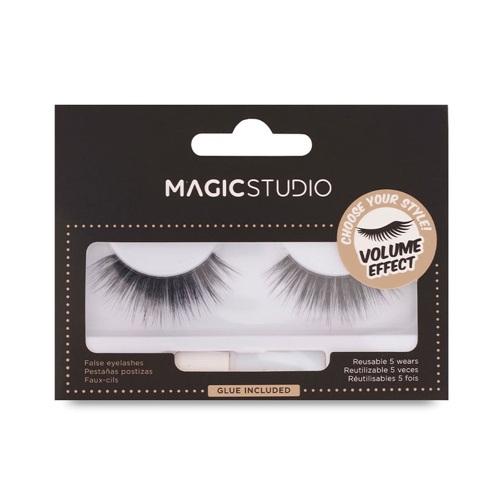 Single pair of black synthetic false lashes on white backing, extra volume