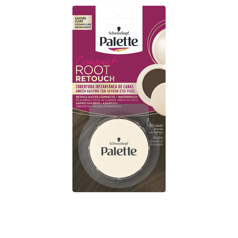 3 g compact root retouch powder in light brown with sponge applicator, water‑resistant