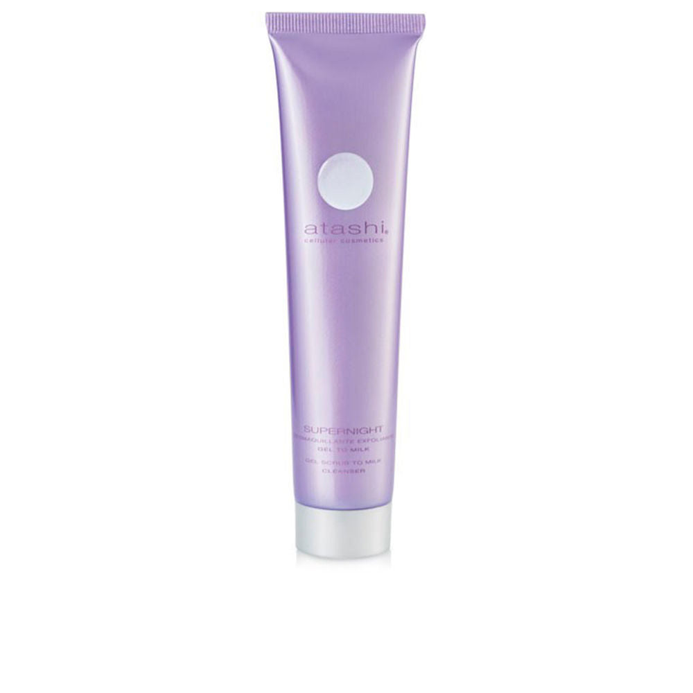 Atashi Lavender plastic tube facial cleanser with matte finish, white circular logo, screw cap, and subtle exfoliant texture