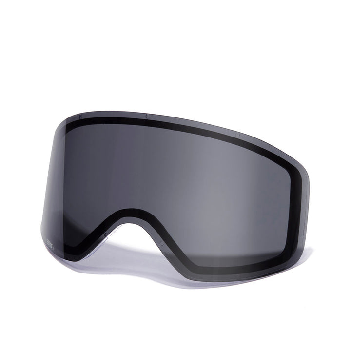 Hawkers Dark gray curved goggle lens with rose mirror tint, black plastic border, Zeiss optical finish