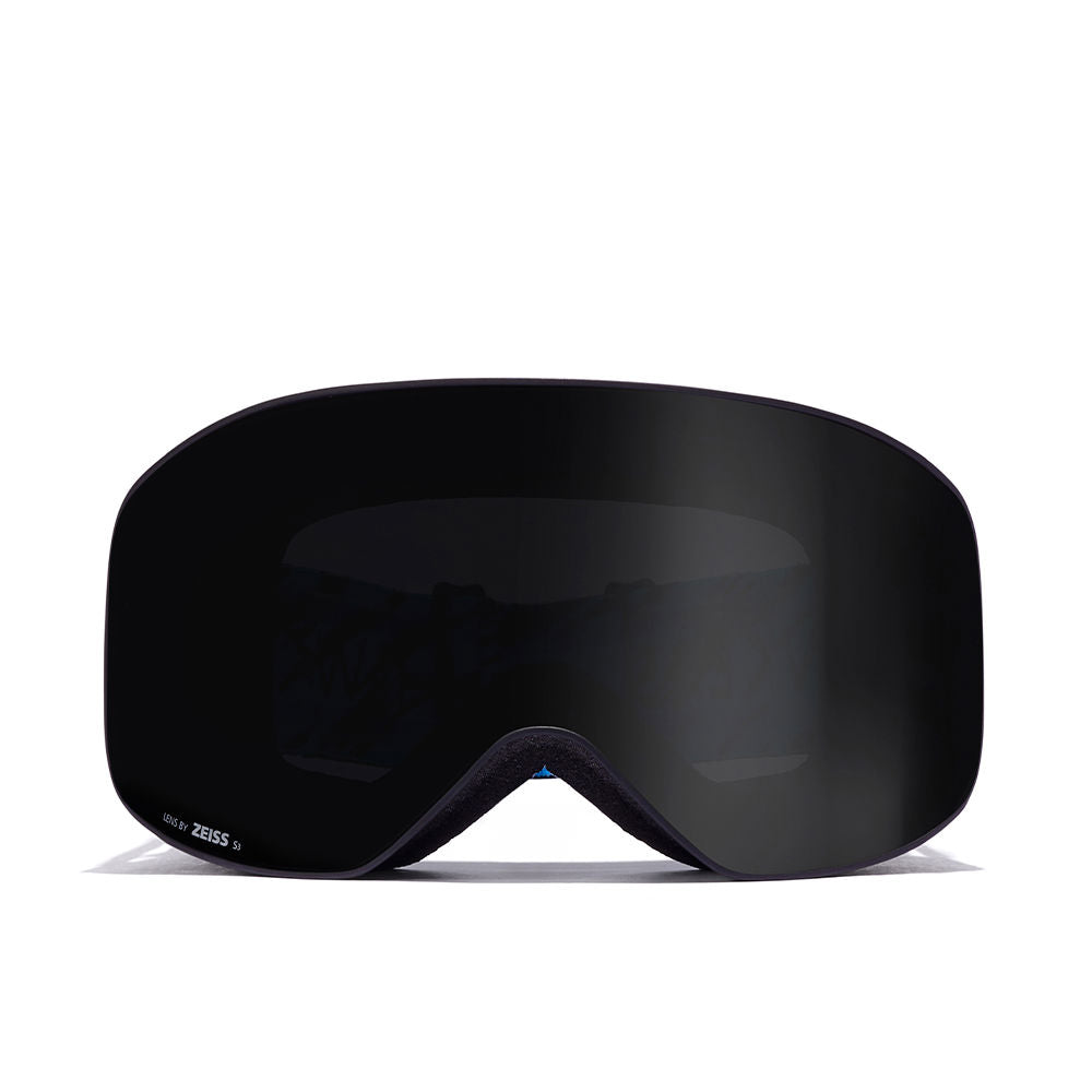 Matte black cylindrical snow goggles with pink-striped strap and two ZEISS lenses