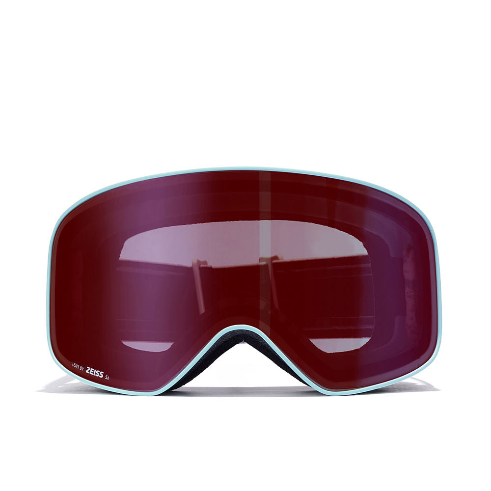 Matte black snow goggles with pink stripe strap, two Zeiss lenses included