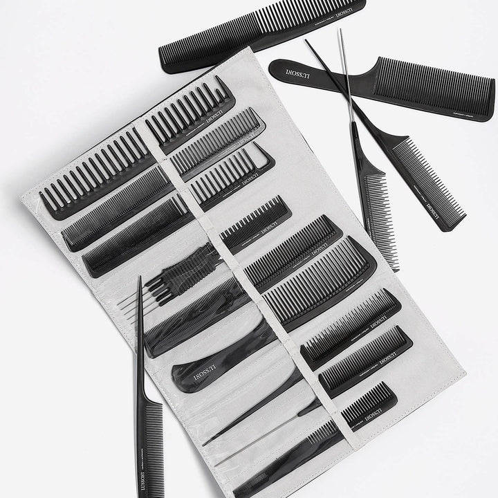 Dual‑sided black styling comb with fine teeth and wide hooked teeth for sectioning