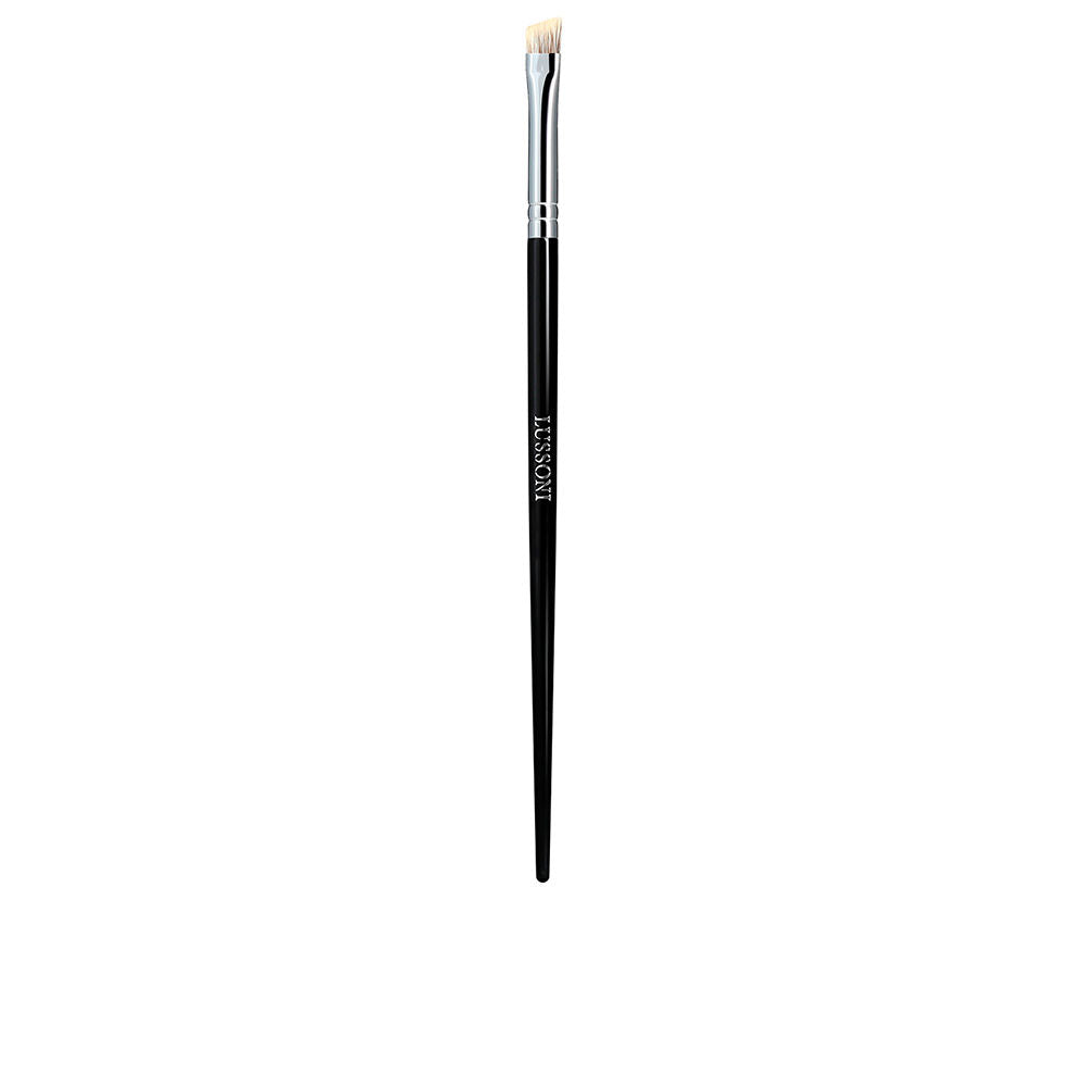 Angled brow brush with synthetic bristles, varnished wood handle and copper ferrule