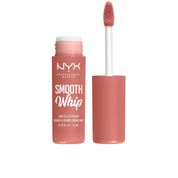 Unisex matte lip cream tube in warm cocoa-beige, 4 ml, whipped texture