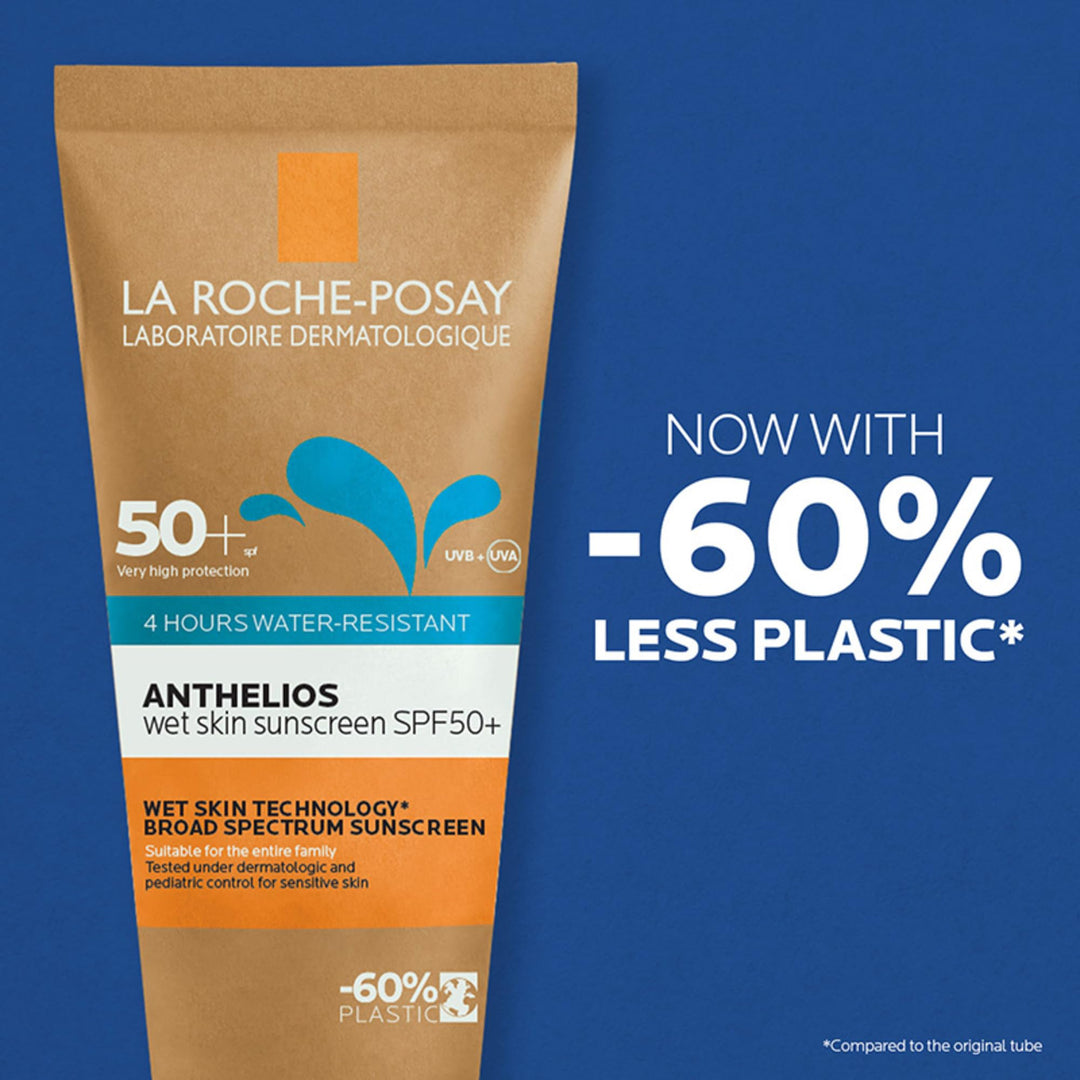 la Roche Posay Brown, blue and orange sunscreen tube with cartoon characters, prominent SPF number, sun icon, and QR code