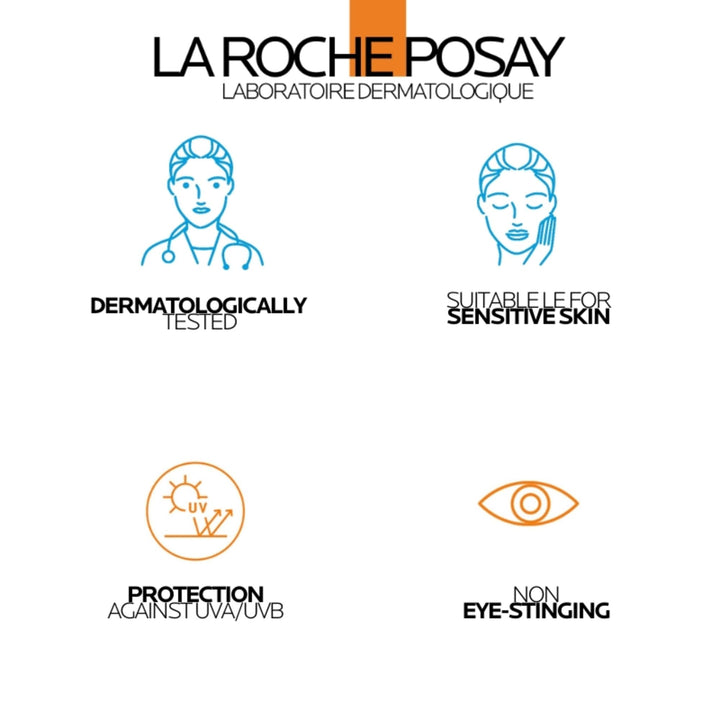 la Roche Posay Brown, blue and orange sunscreen tube with cartoon characters, prominent SPF number, sun icon, and QR code